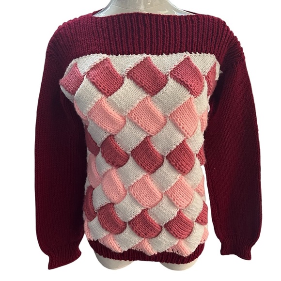 Women’s SM Entrelac Handmade Hand Knit Chunky Red Longsleeve Pull Over Sweater - Picture 1 of 9